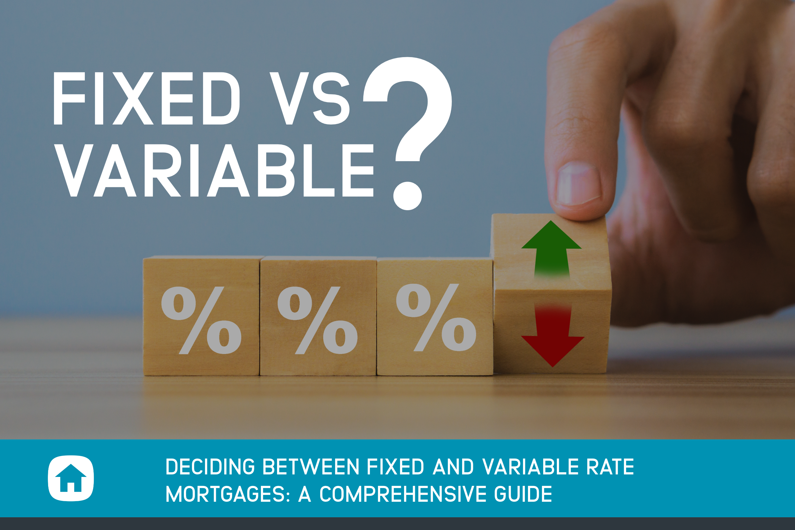 Wooden blocks with percentage symbols and fluctuating arrows representing the dynamics of fixed and variable mortgage rates in Canada.